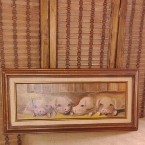 Vintage Framed Piglet Painting in Warm Tones Folk Art Animal Life Signed